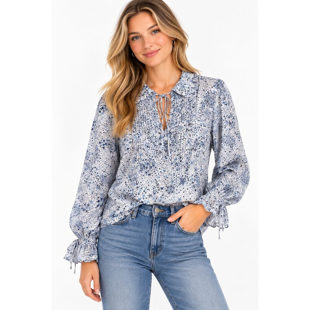 J.Crew Liberty of London Star Print Peasant Top Size Small Blue White Popover